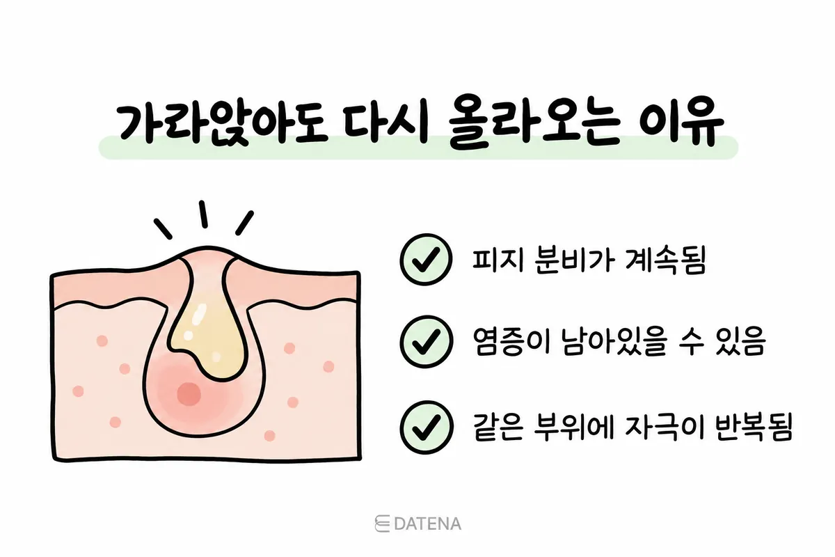 皮脂分泌、殘留發炎與反覆刺激，與同一部位痘痘復發之間關聯的示意圖