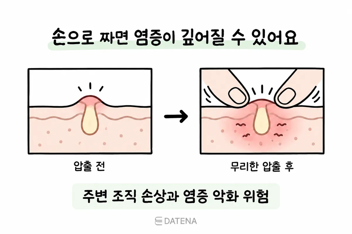比較用手硬擠痘痘前後皮膚刺激狀況的剖面圖