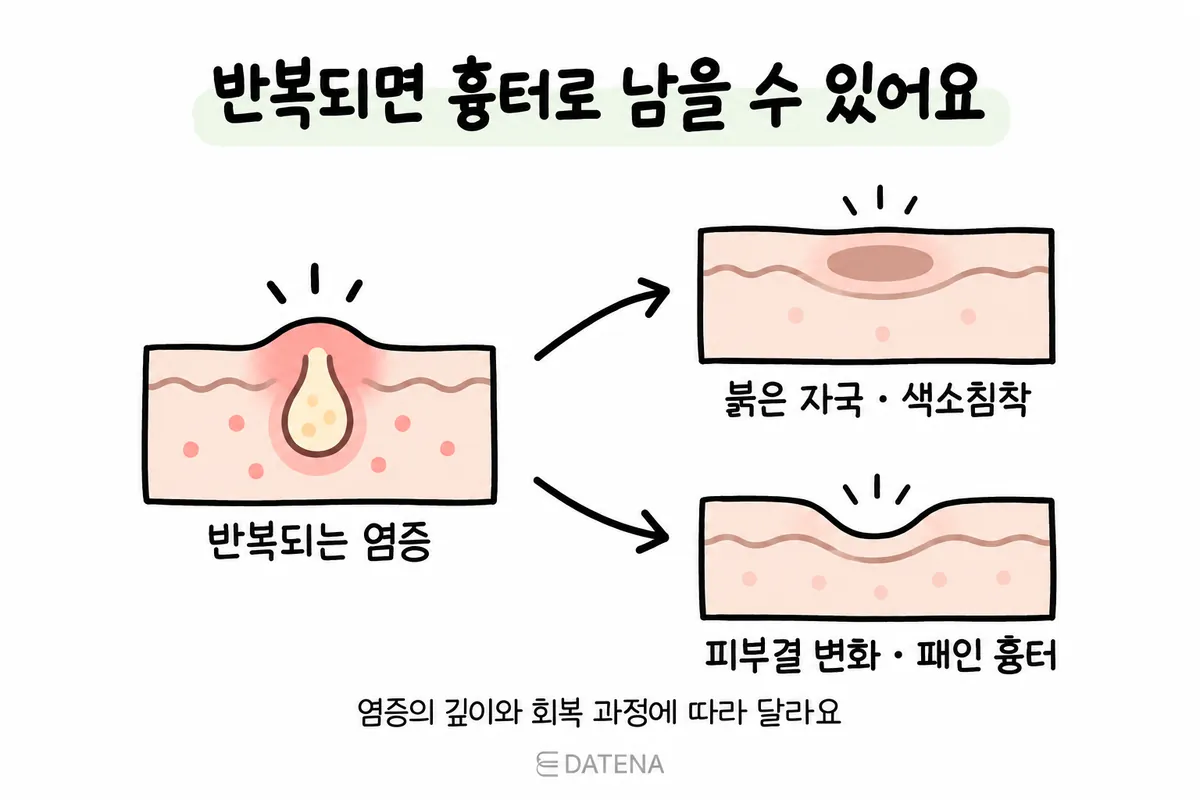 反覆痘痘發炎後留下紅印、色素沉澱與凹疤的過程示意圖