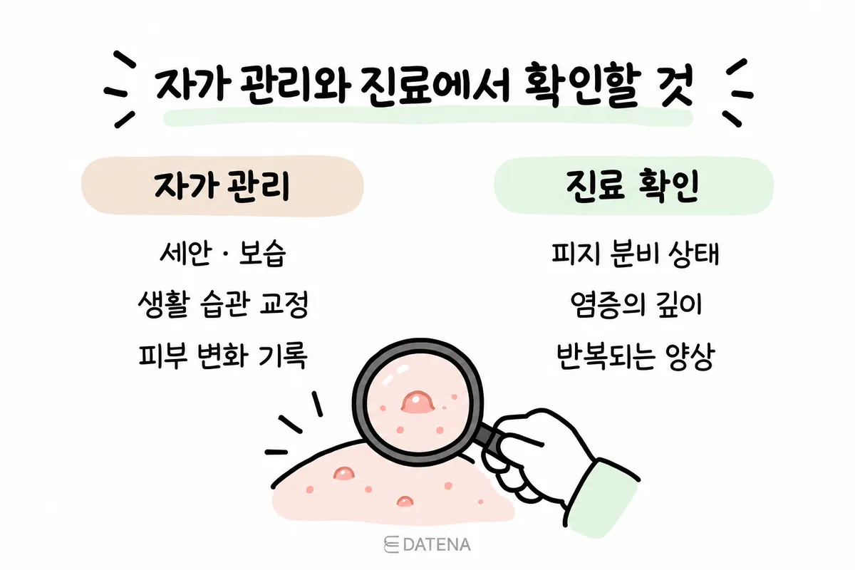比較痘痘自我保養與門診時確認皮脂、發炎深度、反覆模式等項目