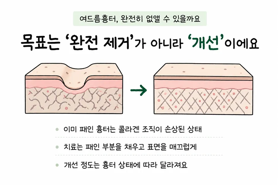 凹陷痘疤經治療後皮膚剖面變得平緩的改善目標示意圖