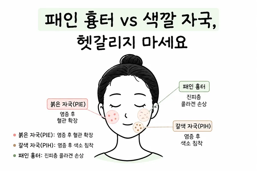 比較臉上紅色痘印、褐色色素痘印與凹疤所在位置的示意圖