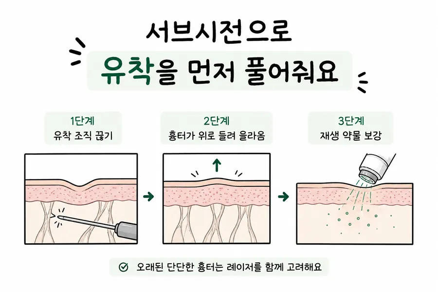 鬆解窄而深凹陷痘疤的沾黏、使皮膚回升的皮下分離術過程示意圖