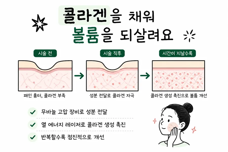 寬而平緩凹陷痘疤補充膠原蛋白後,皮膚剖面隨時間變化的示意圖