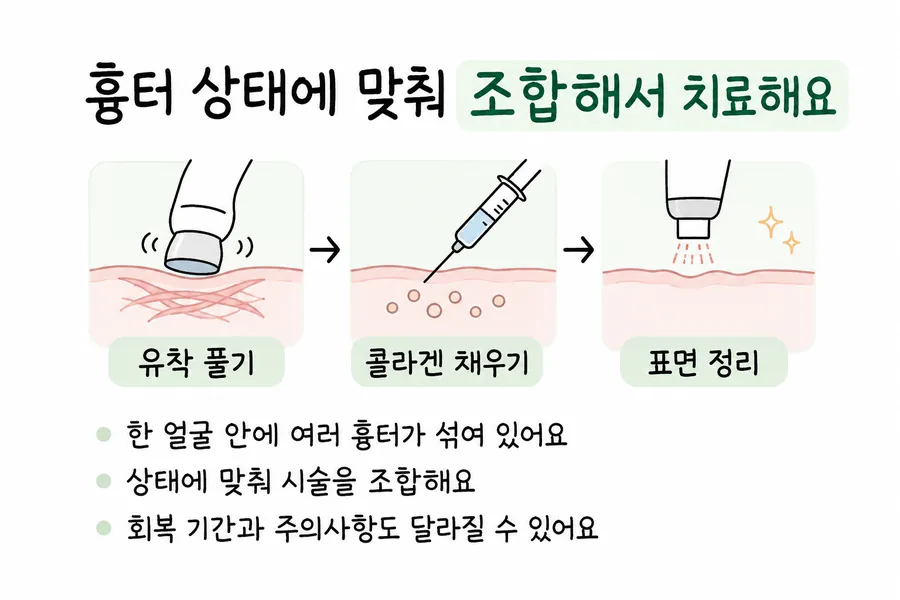 依序呈現痘疤治療中鬆解沾黏、補充膠原蛋白、修整皮膚表面的示意圖