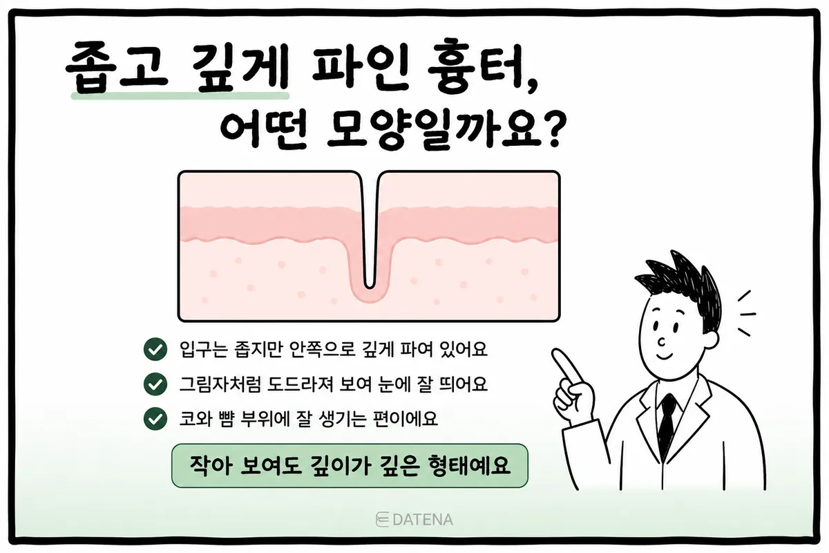 皮膚剖面圖：開口窄、深入真皮層的痘疤