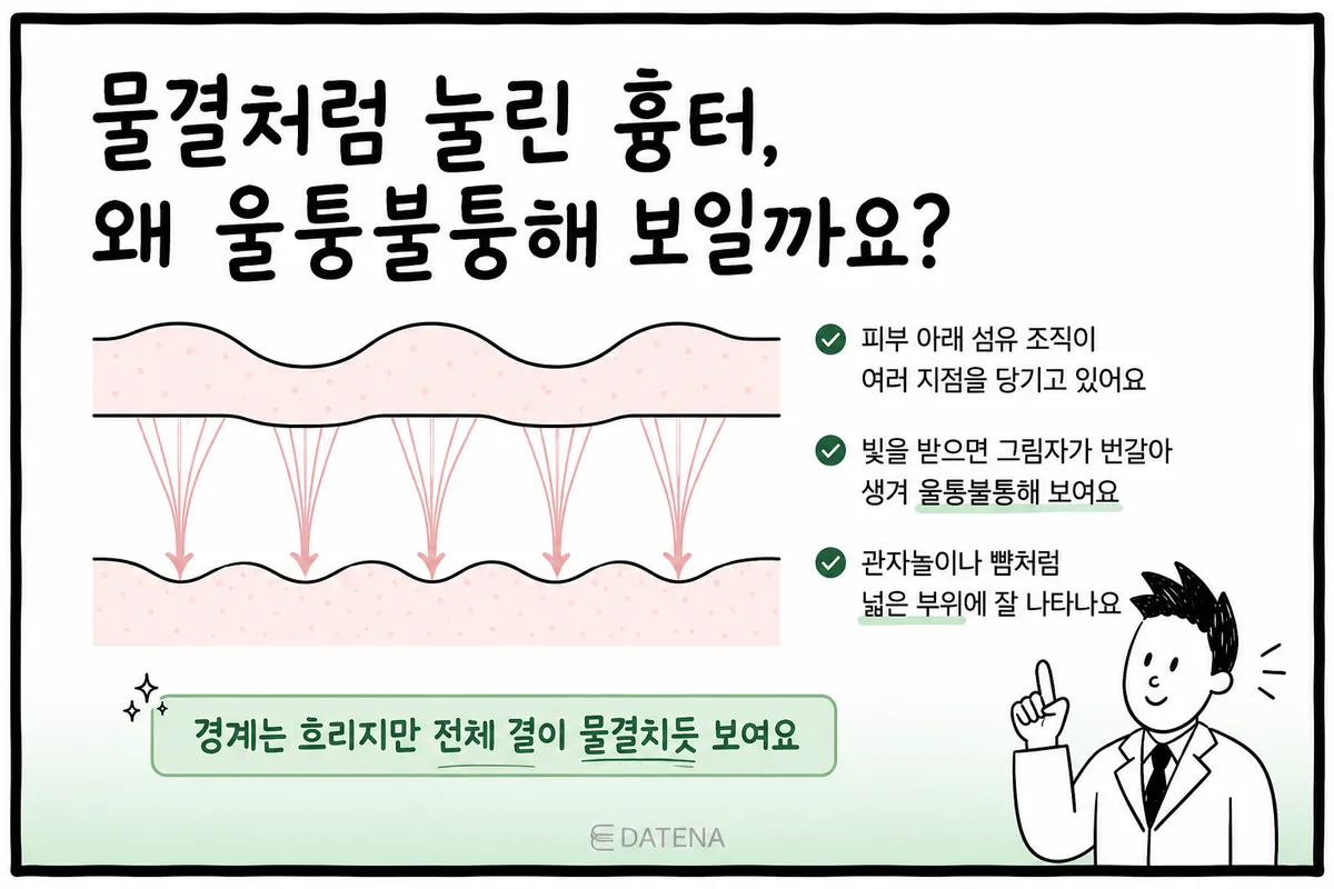 皮膚下方纖維組織拉扯多處，形成波浪狀凹陷的痘疤剖面