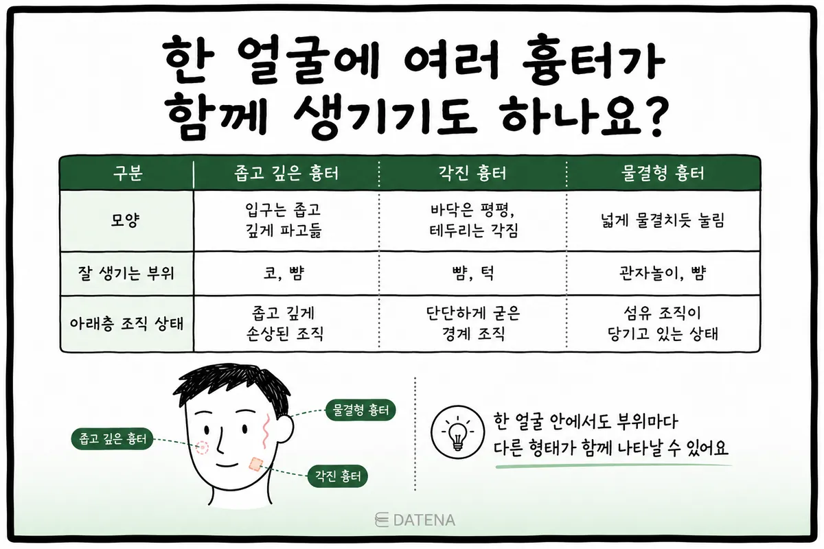 比較窄深型、箱型、波浪型痘疤的形狀、好發部位與組織狀態的表格