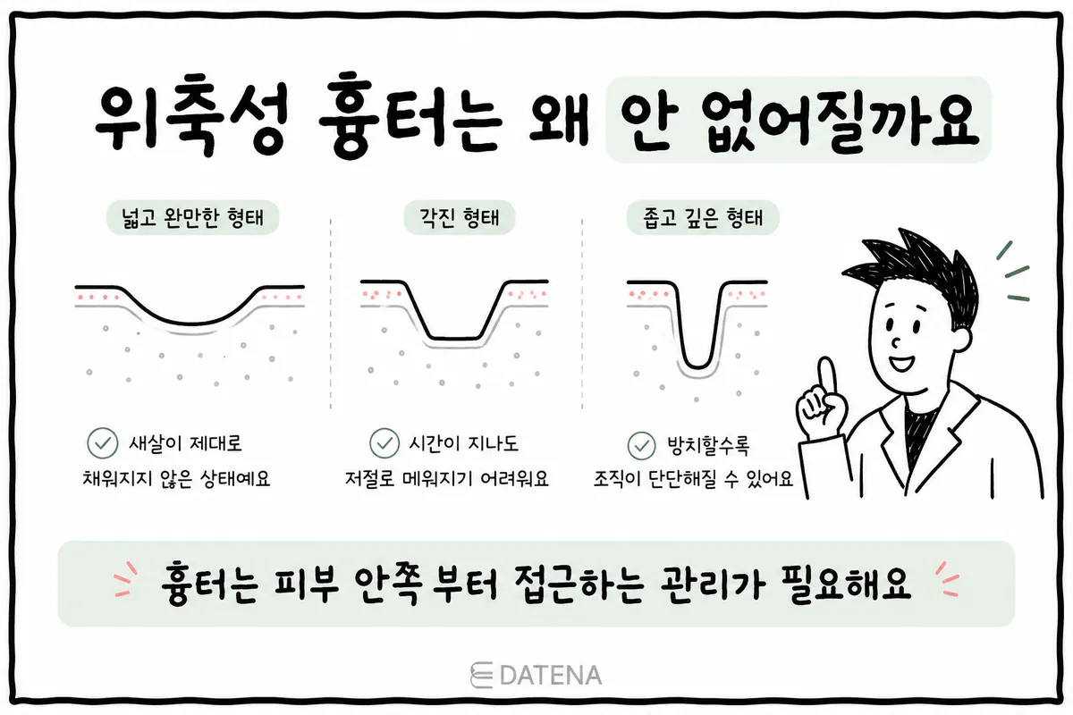 比較寬而平緩的凹陷、有稜角的凹陷、窄而深的凹陷等萎縮性痘疤型態的示意圖