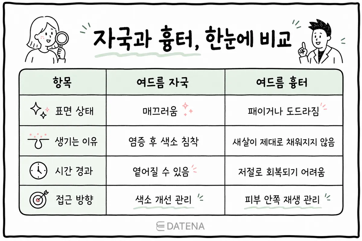 比較痘印與痘疤的表面狀態、成因、時間變化與照護方向的表格