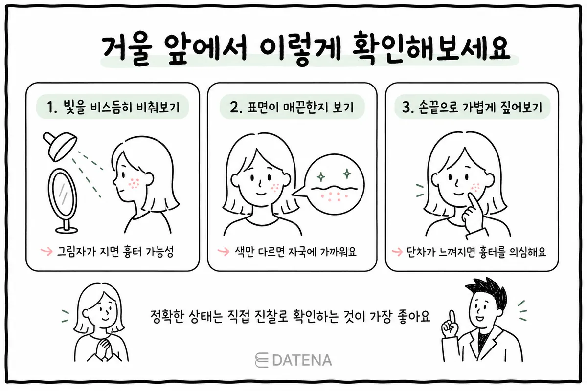 在鏡子前依序確認斜向光線、皮膚表面與指尖觸感的三步驟示意圖