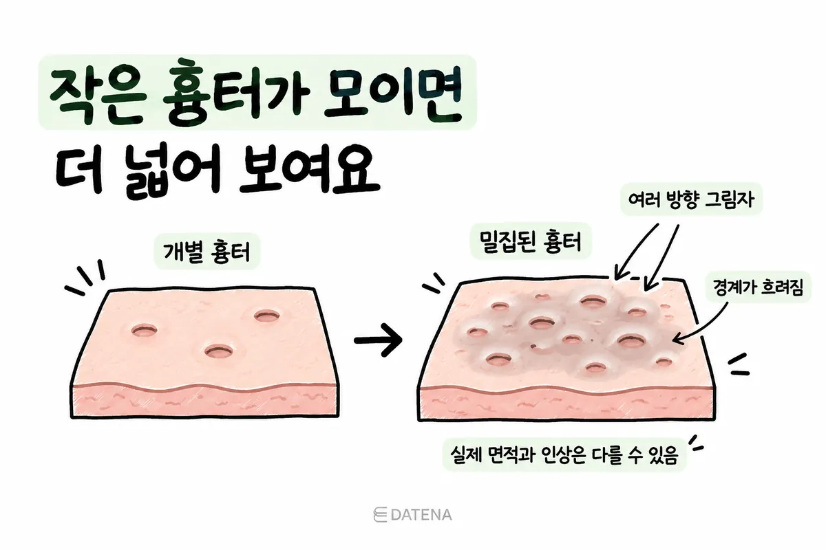 個別痘疤密集時,因多方向陰影而顯得範圍較大的剖面示意圖