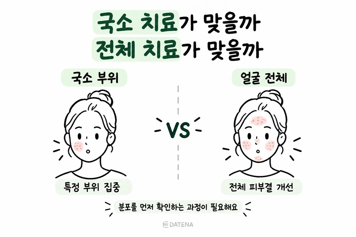 比較單一部位聚集疤痕的局部治療與全臉分布疤痕的全臉治療示意圖
