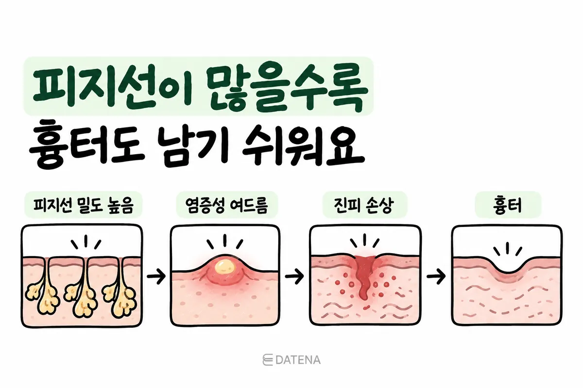 從皮脂腺、發炎性痘痘、真皮受損到形成凹疤的過程示意圖