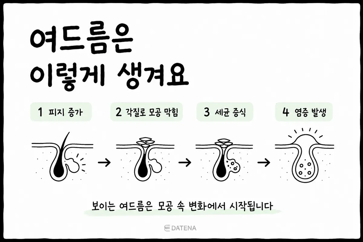 從皮脂增加、角質堵塞毛孔、細菌增生到發炎，痘痘形成的4個階段圖解