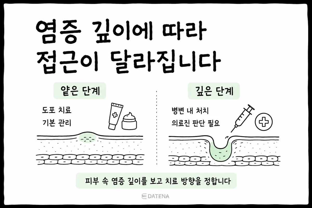 以皮膚剖面、外用藥、注射圖示比較淺層痘痘與深層發炎性痘痘治療方式的圖卡