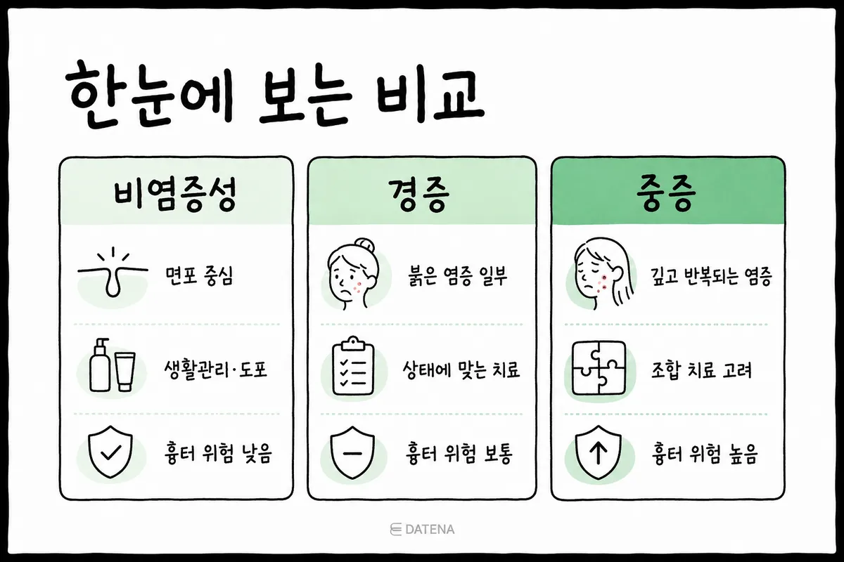 以三欄比較非發炎性粉刺、輕度發炎性、重度發炎性痘痘的特徵與留疤風險的表格