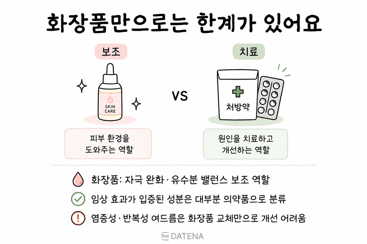 比較保養品的輔助角色與處方治療的根源管理角色的痘痘治療資訊圖