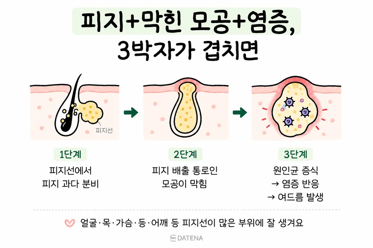 皮脂分泌過多、毛孔阻塞，進而引發發炎的痘痘形成三階段示意圖