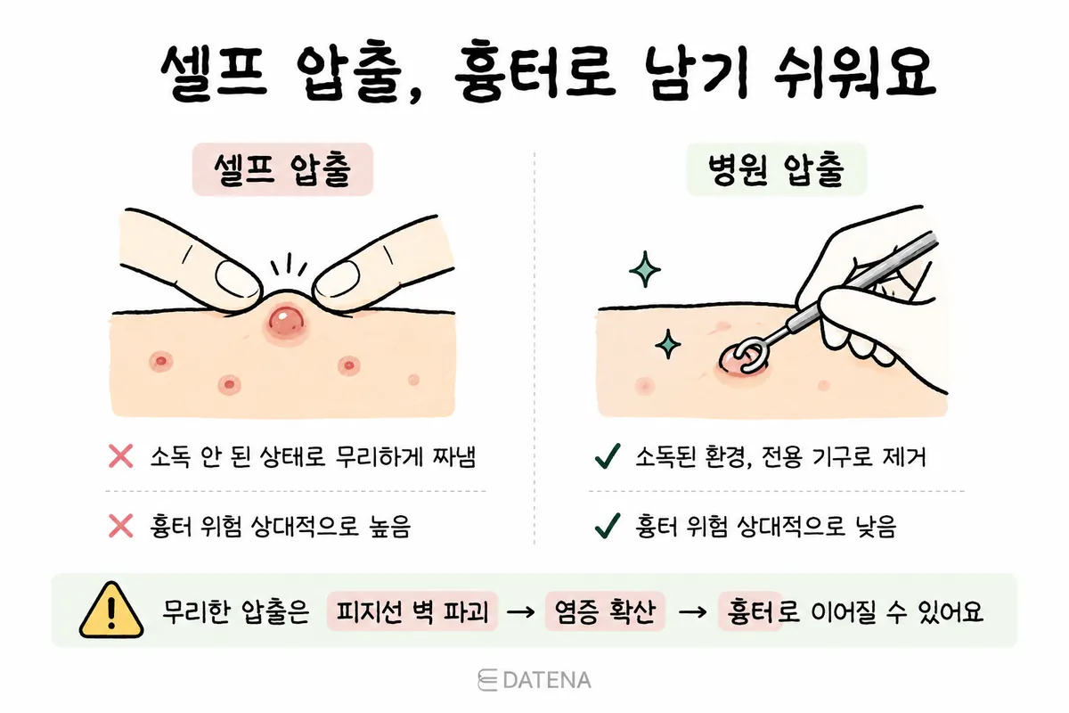 比較用手擠痘痘與使用專用器具粉刺清除的疤痕風險說明圖