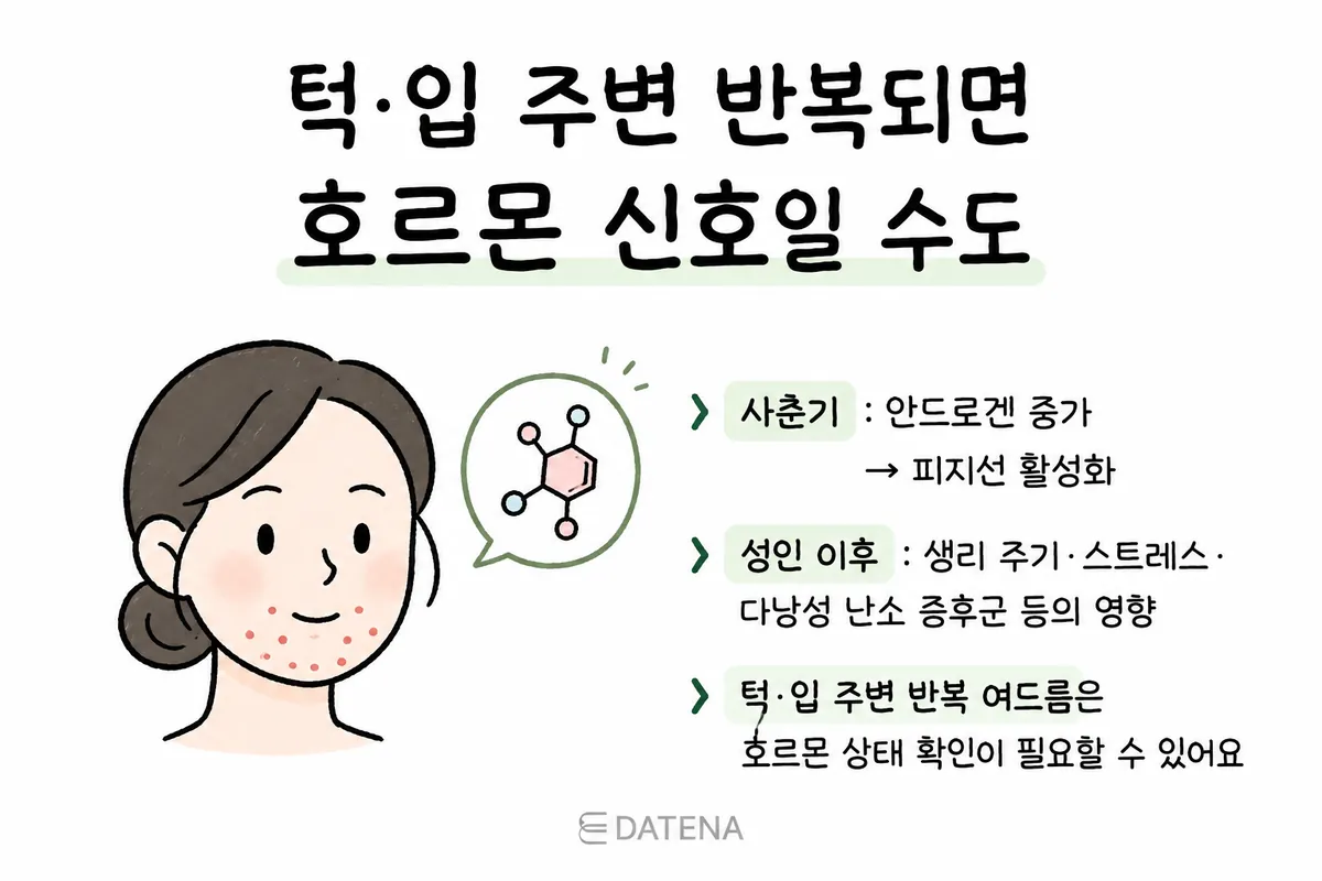 說明下巴與嘴巴周圍的痘痘可能受青春期雄性激素與成年後荷爾蒙變化影響的示意圖