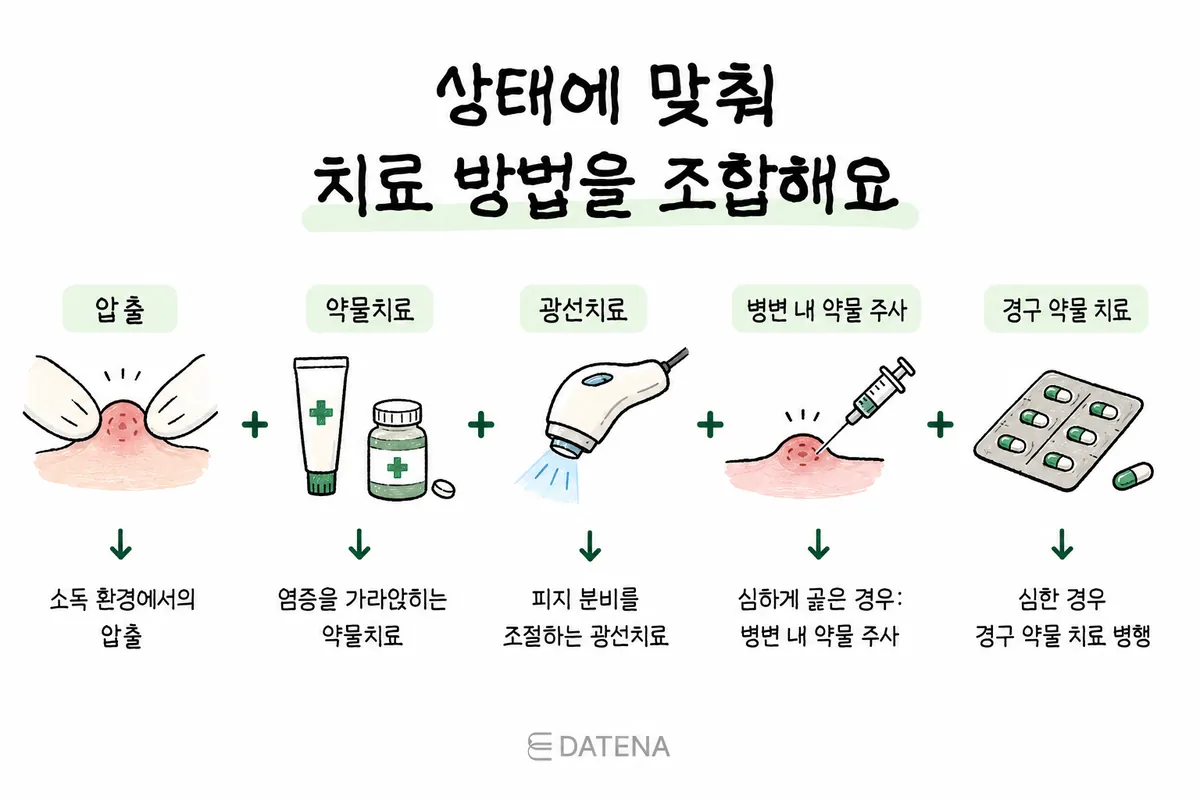 列出粉刺清除、藥物治療、光療、病灶注射、口服藥物等依痘痘狀態而定的治療方式示意圖