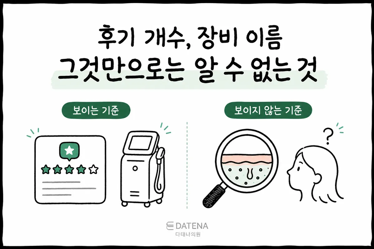 將心得評分、療程儀器與皮膚斷面觀察並列比較的痘疤治療諮詢示意圖