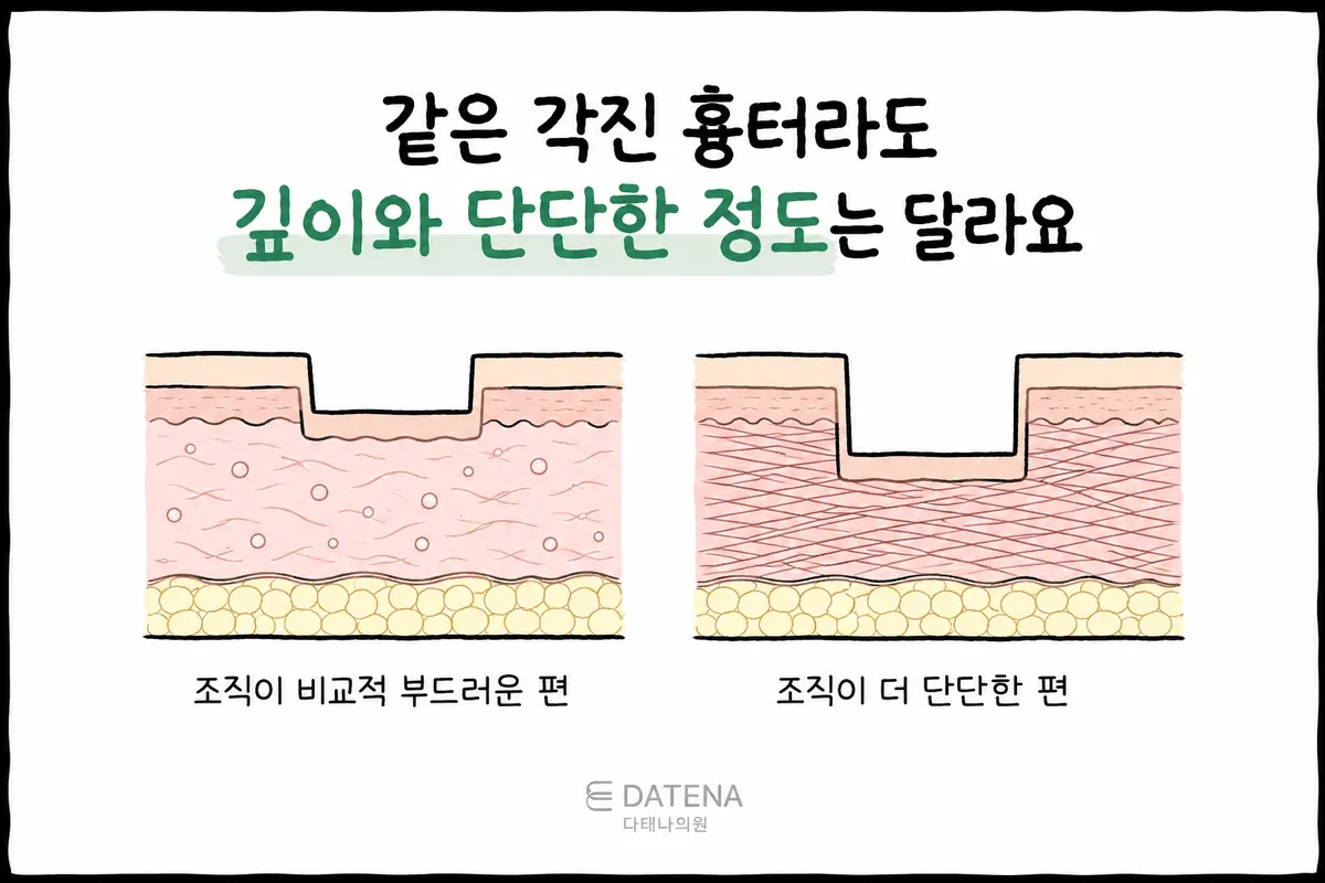 比較兩個深度與底層組織硬度不同的箱型痘疤皮膚斷面示意圖