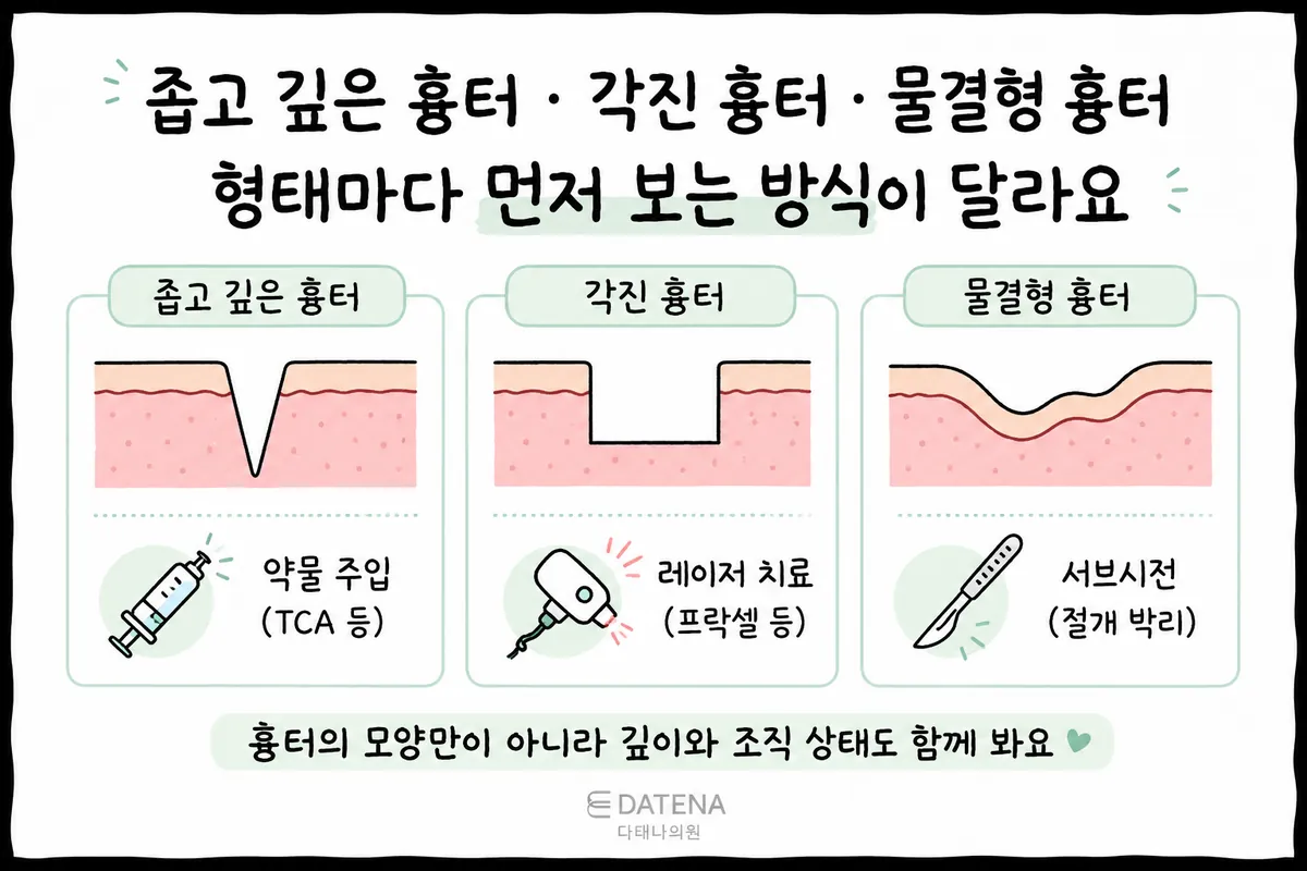 並列呈現三種痘疤型態與藥物注射、雷射、皮下分離術治療範例的示意圖