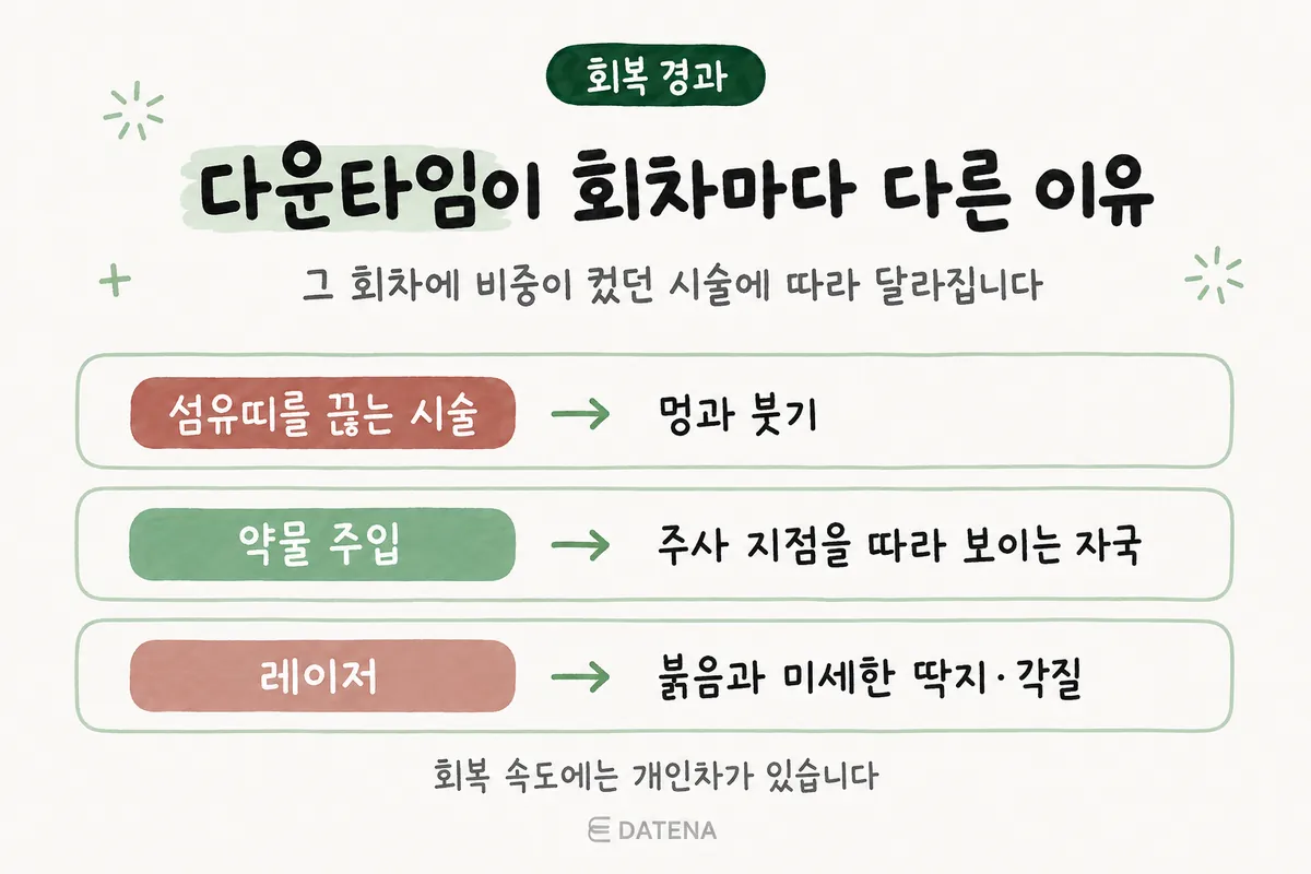 比較皮下分離術、藥物注射、雷射後可能出現的瘀青與腫脹、注射痕跡、泛紅與脫皮的示意圖