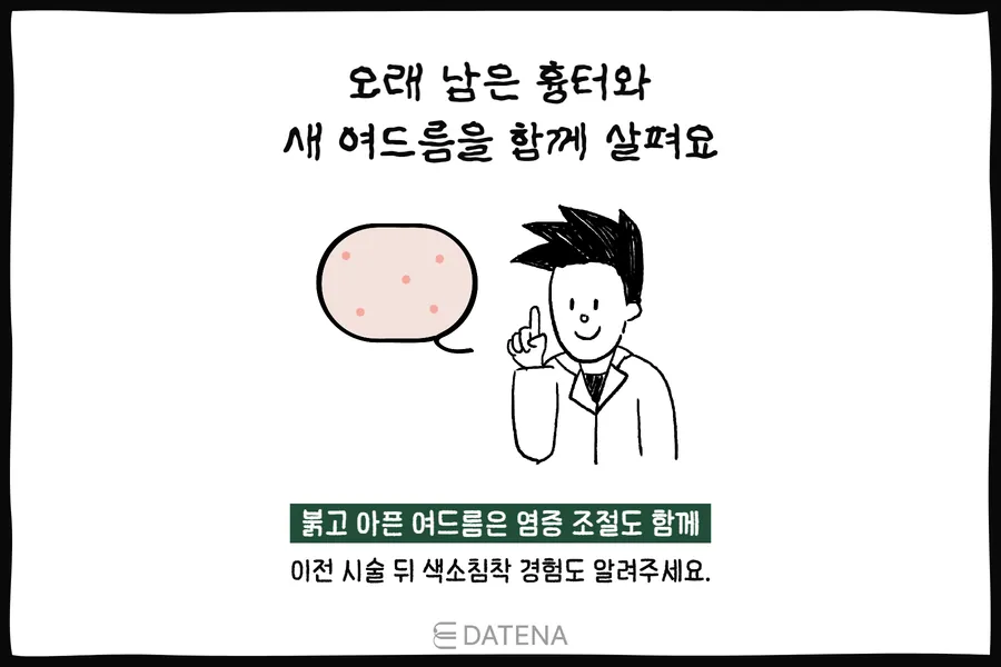 同時觀察紅腫痘痘與多年舊疤的醫師插圖