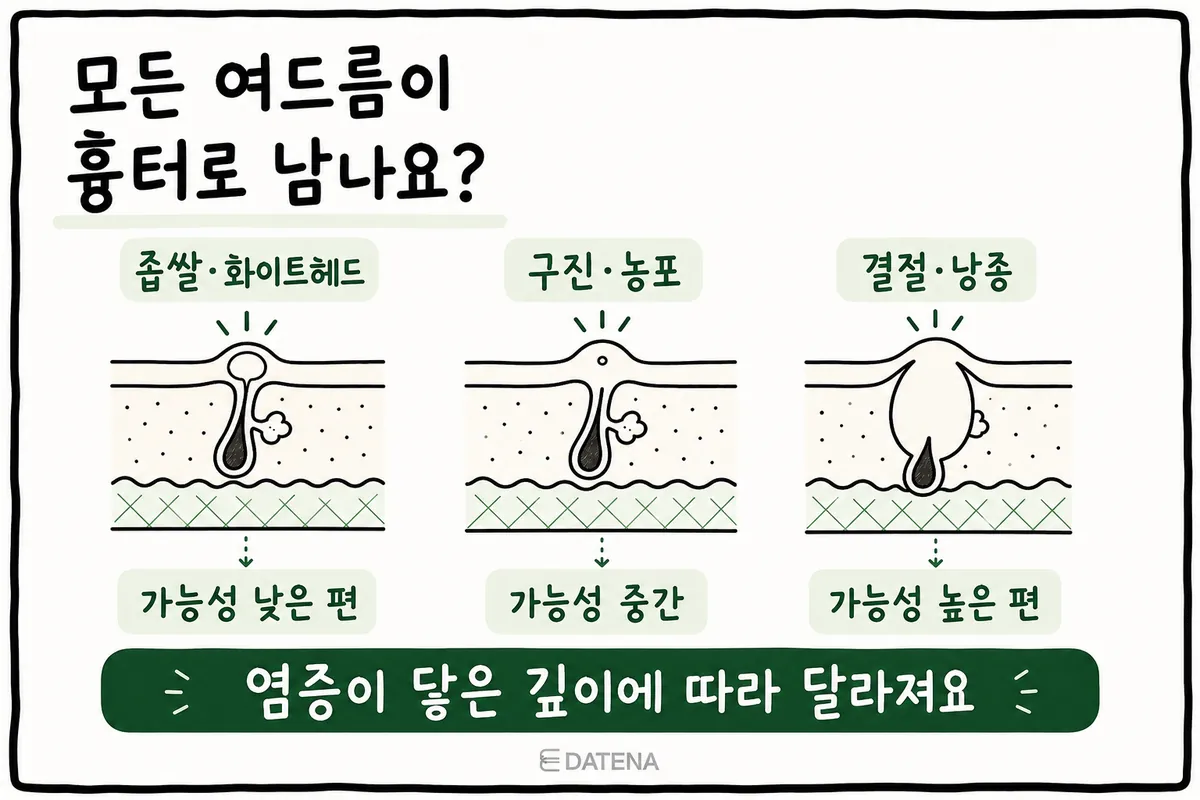 比較粉刺・白頭粉刺、丘疹・膿皰、結節・囊腫的皮膚剖面與留疤可能性的示意圖