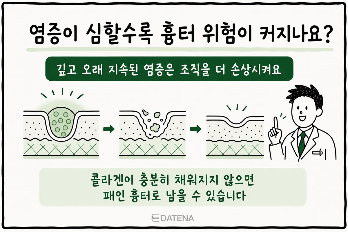 深層發炎損傷周圍皮膚組織並演變成凹陷型疤痕的皮膚剖面過程