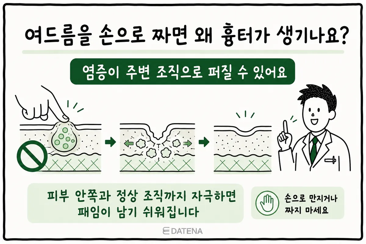 用手擠痘痘時，發炎物質向周圍及皮膚深處擴散的皮膚剖面示意圖