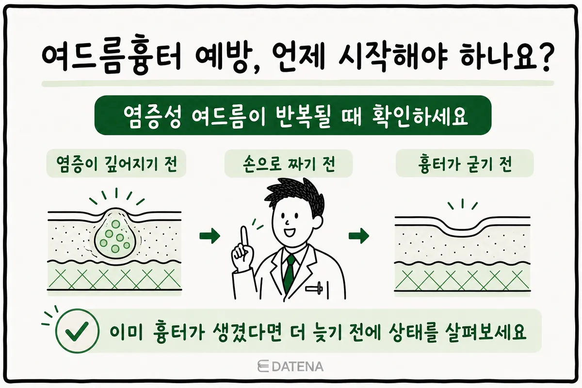 從發炎性痘痘反覆出現起，到凹陷型疤痕定型前的預防時機示意圖