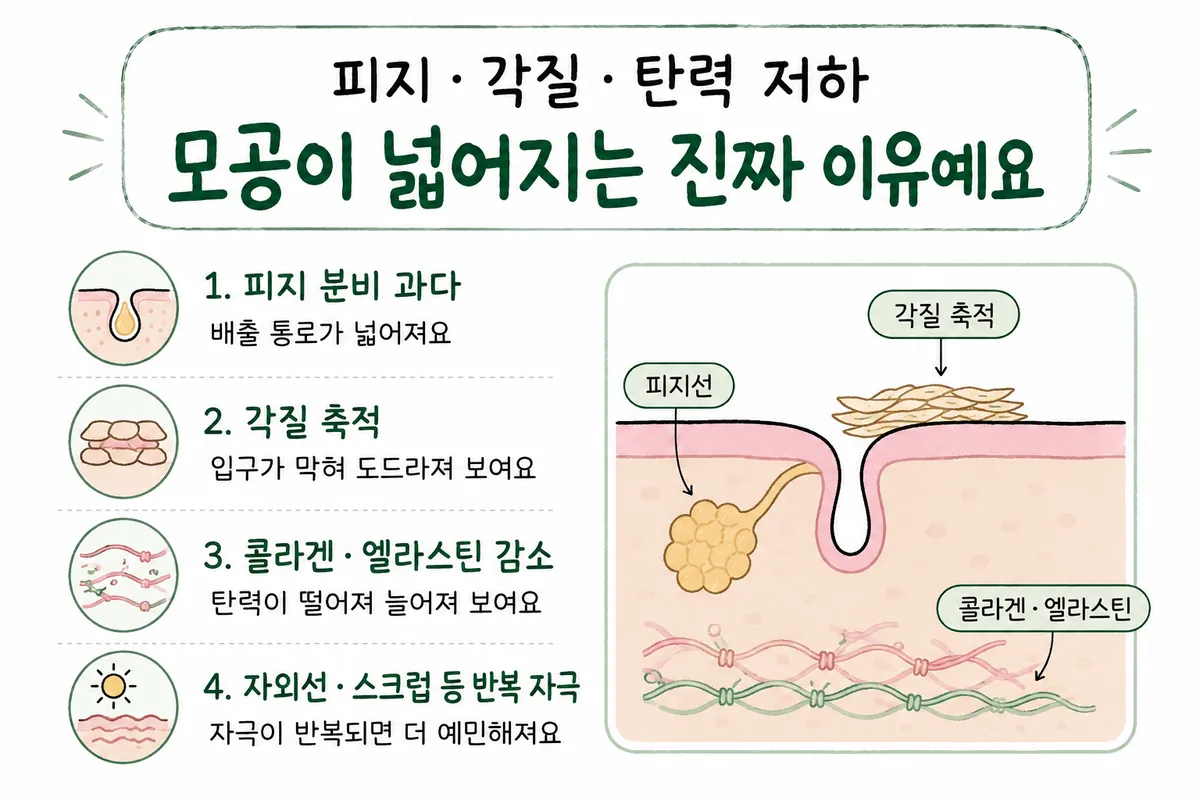 皮脂分泌、角質堆積、皮膚彈性變化導致毛孔看起來變大的原因示意圖