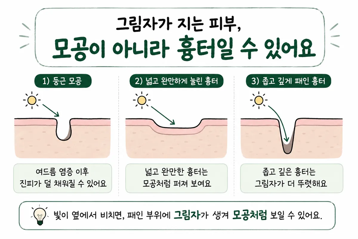 變大的毛孔、寬而平緩的疤痕、窄而深的疤痕之剖面與陰影比較