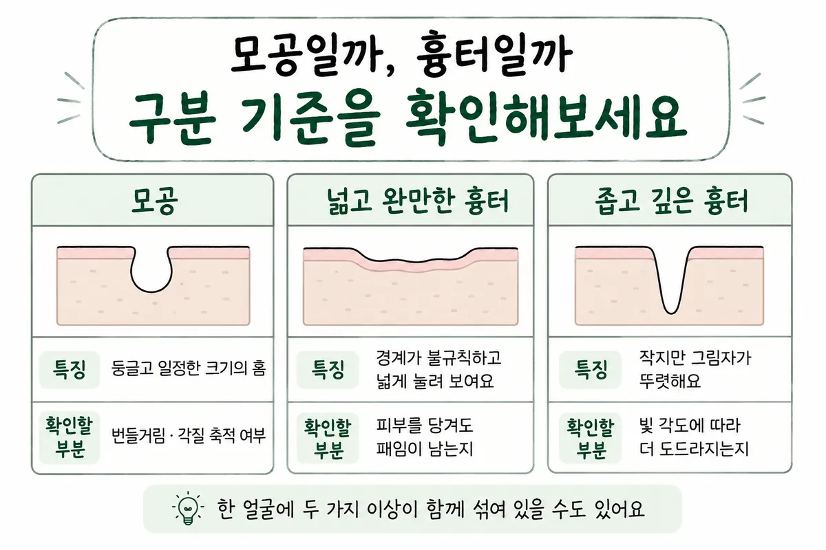 毛孔、寬而平緩的疤痕、窄而深的疤痕之形態與檢查項目比較表