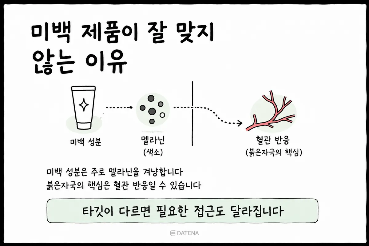 區分美白成分對黑色素的作用與紅印血管反應的示意圖
