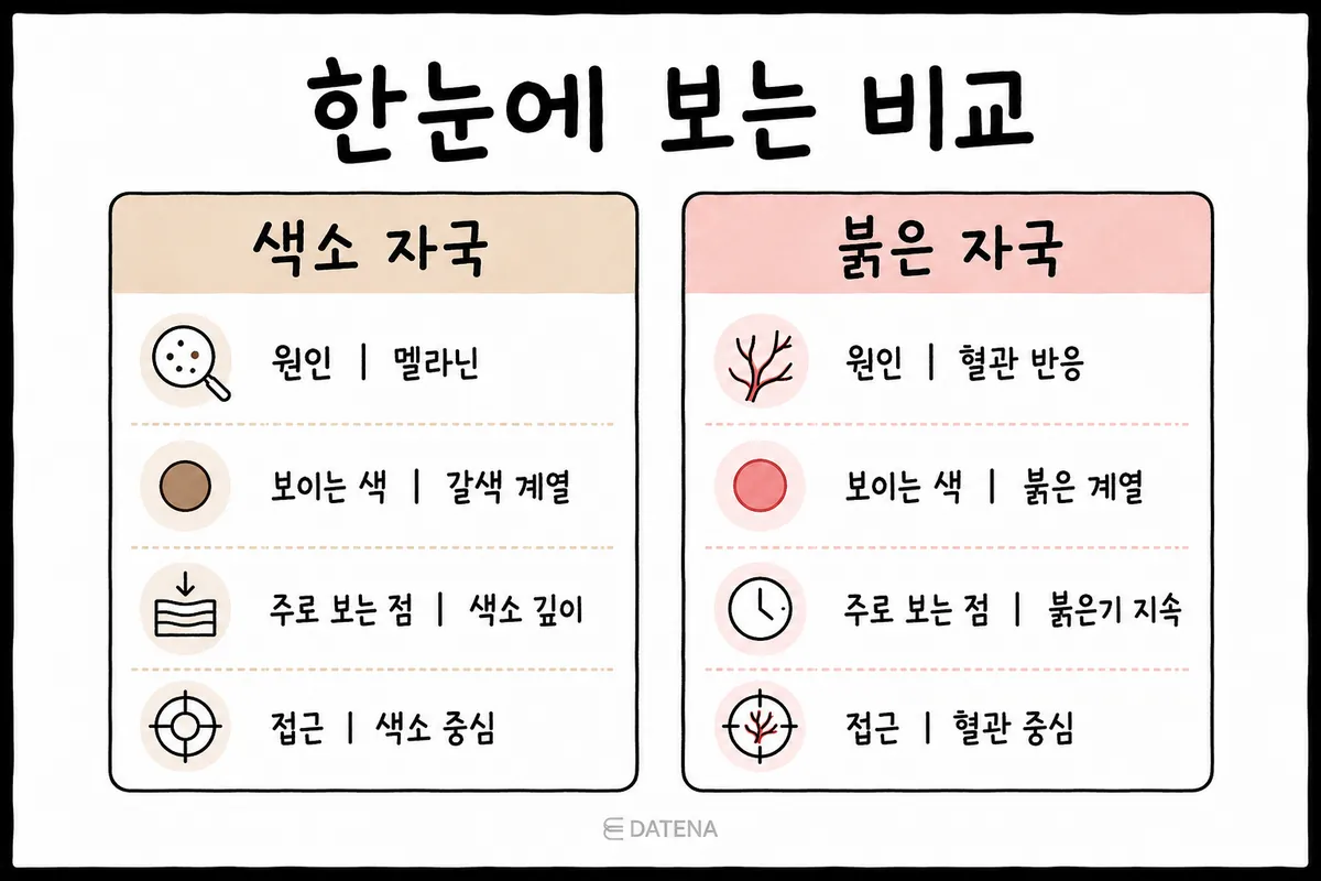 痘痘後褐色色素痘印與紅色血管性痘印的成因、顏色、治療方向比較表