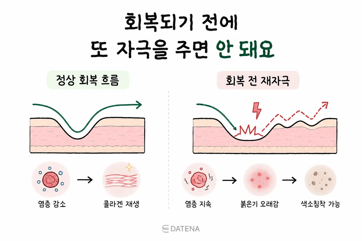 比較正常皮膚恢復，與恢復前再次刺激後可能持續發炎的示意圖