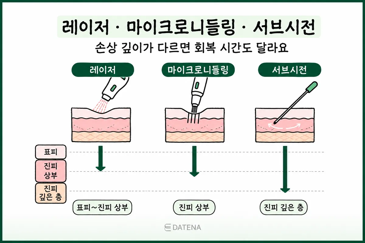並列比較雷射、微針、皮下剝離對皮膚刺激深度的圖