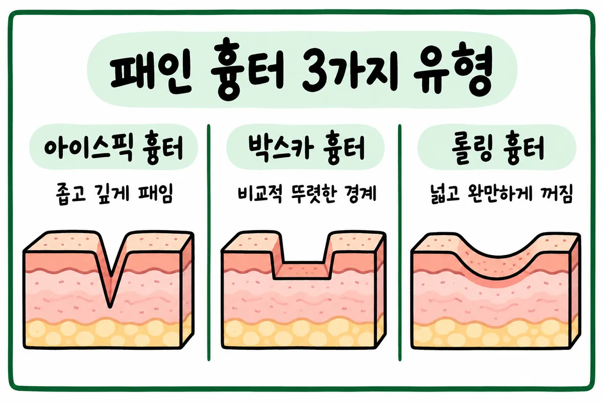 比較冰鑿型・箱型・滾輪型痘疤深度與邊界的剖面圖
