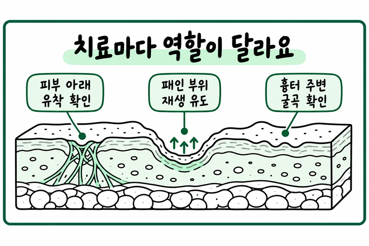 呈現確認皮下沾黏・促進凹陷部位再生・確認疤痕周圍起伏等治療角色的示意圖