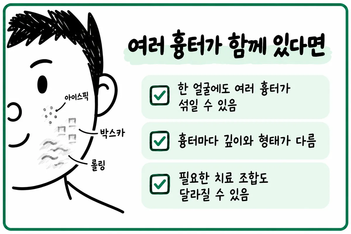 說明同一張臉上同時出現冰鑿型、箱型等多種痘疤的示意圖