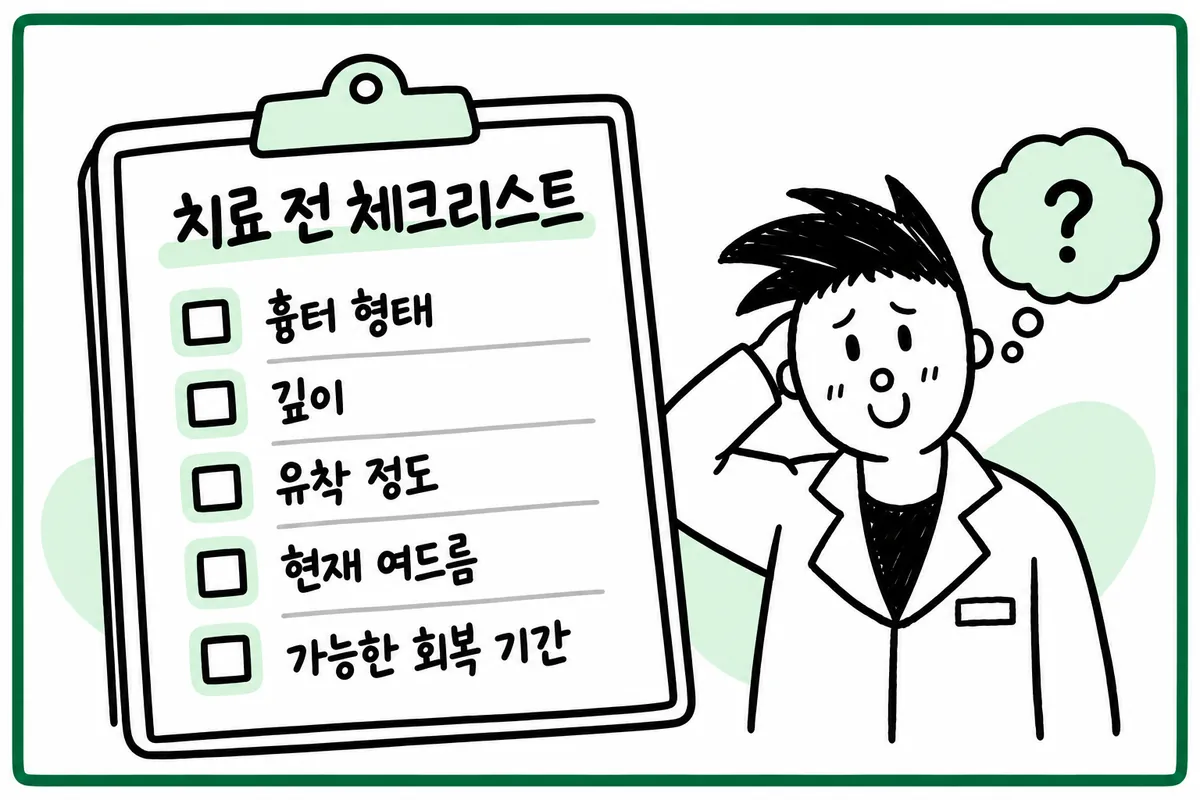 檢視疤痕型態・深度・沾黏程度的治療前檢查清單示意圖