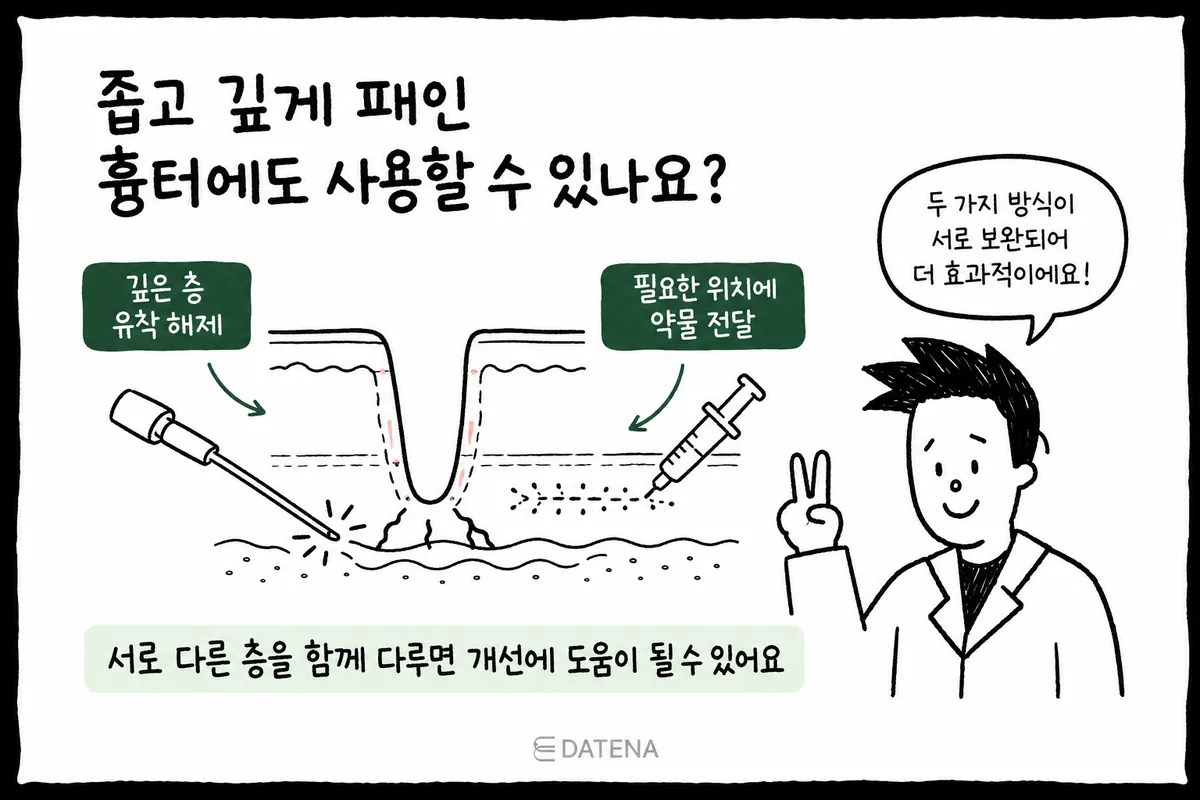 在窄而深的疤痕剖面上，同時標示皮下分離術與藥物導入的治療方式示意圖