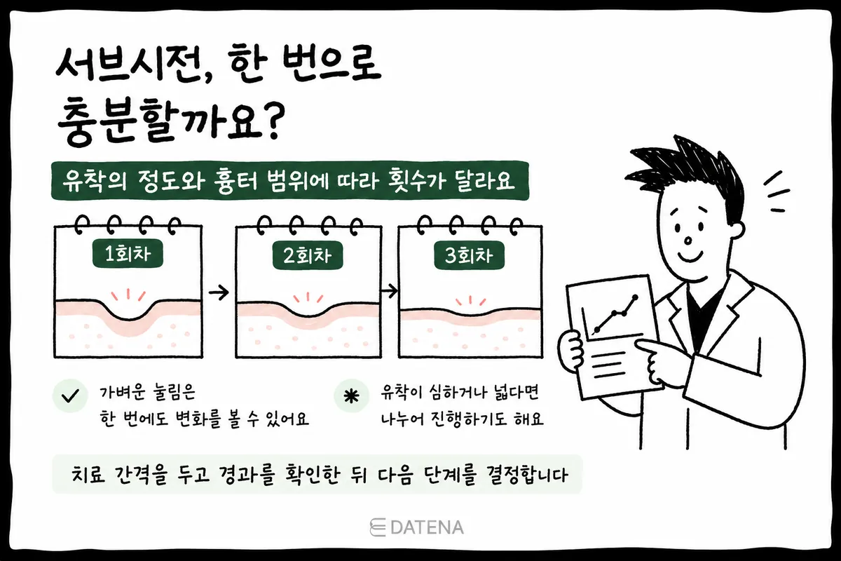 依沾黏程度與疤痕範圍，分次決定皮下分離術次數的流程卡片