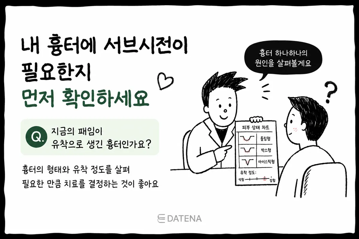 醫師看著膚況確認表，諮詢是否需要皮下分離術的示意圖
