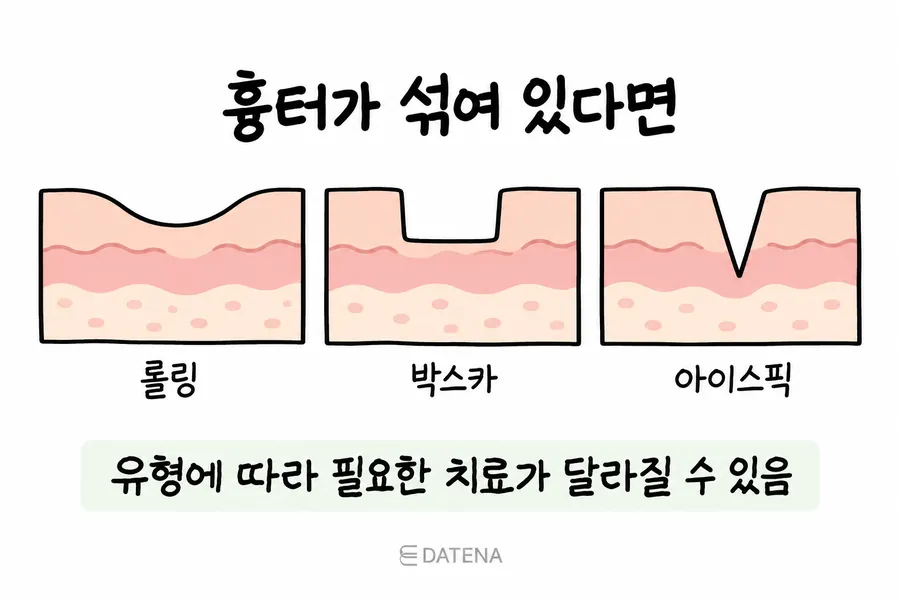 滾輪型、箱型、冰鑿型痘疤不同剖面形態的比較